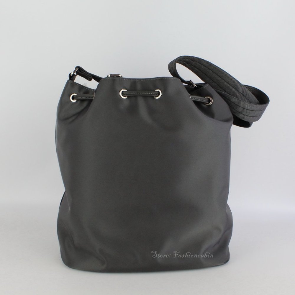 NEW LONGCHAMP Gray Eco Recycled Bucket Bag Drawstring Closure Adjustable Strap - Picture 6 of 16
